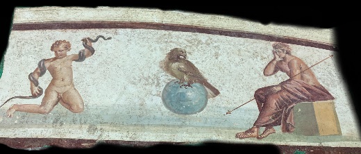 figures with a snake and a bird on a ball