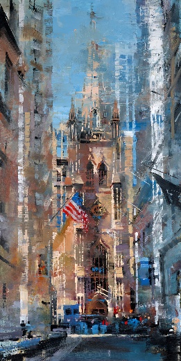 image of a painting by Mark Lague with Trinity Church in the background