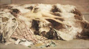 A nude woman reclining of a sofa after a night at the ball sold at Bonhams