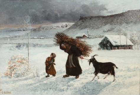 A woman, child and goat in a winter landscape
