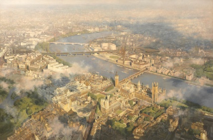 An aerial view of westminster with a river and buildings by Shepherd