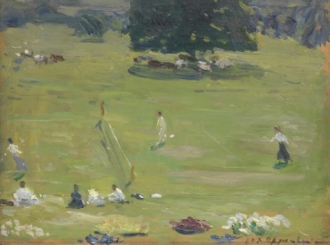a landscape with people on a tennis court