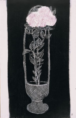 black, white, and pink painting of flowersDescription automatically generated