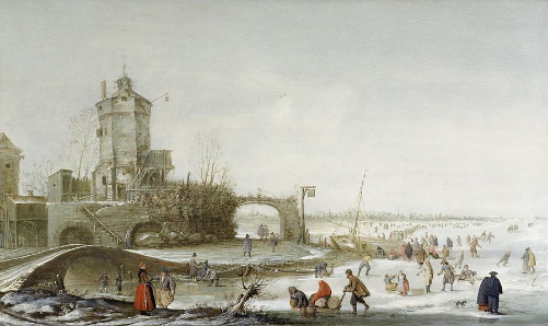 Winter landscape with figures skating on a frozen river.