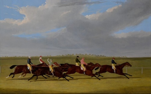 A group of people riding horses on a racetrack in Doncaster by John F. Herring Sr.
