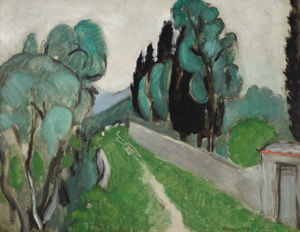 a landscape painting by Matisse with trees and a wall