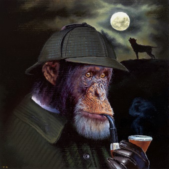 A monkey wearing a hat and smoking a pipeDescription automatically generated