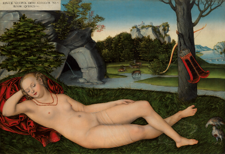 a naked woman sleeping in a landscape.