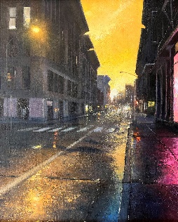 New York City wet evening street scene by Basa