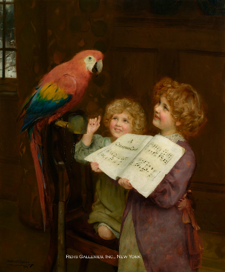 A parrot sitting being taught to sing a Christmas Carol by two your girls.Description automatically generated with medium confidence