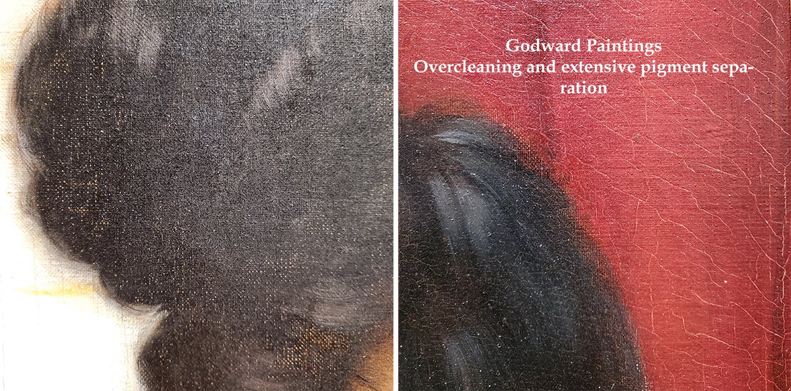 Two images showing areas of overcleaning and pigment separation on the Godward paintings.