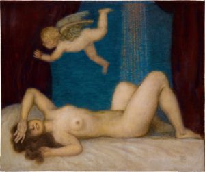 a naked woman on a bed with cupid flying above