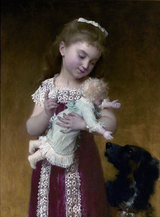 A young girl holding a doll as a dog looks up at her.