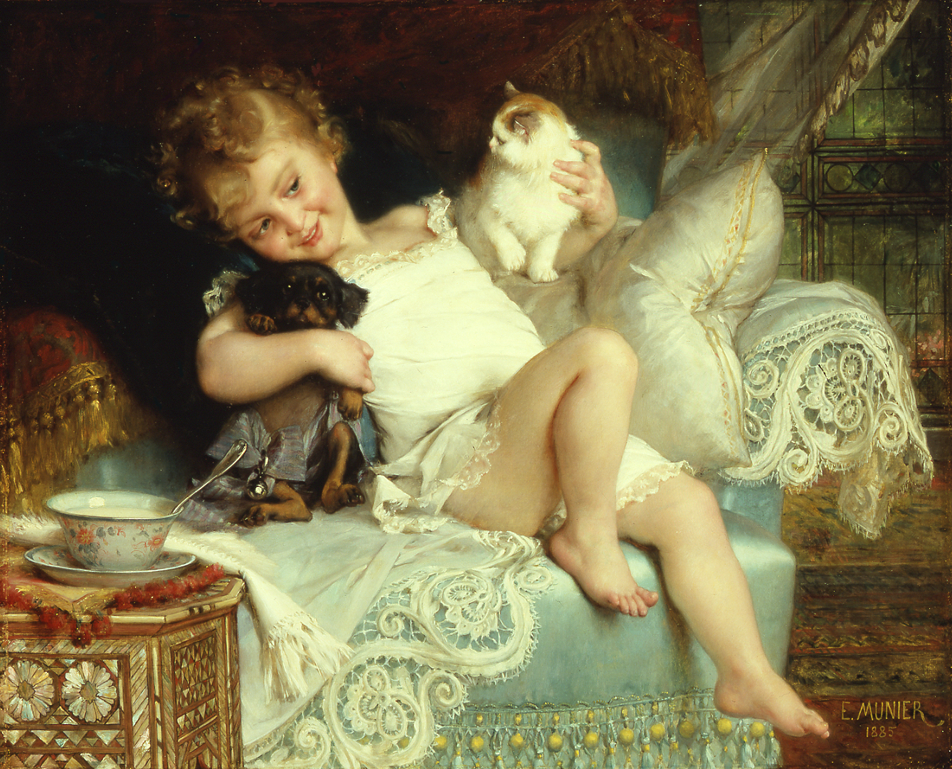 A painting of a young girl lounging on a sofa with a puppy in one hand and a kitten in the other.
