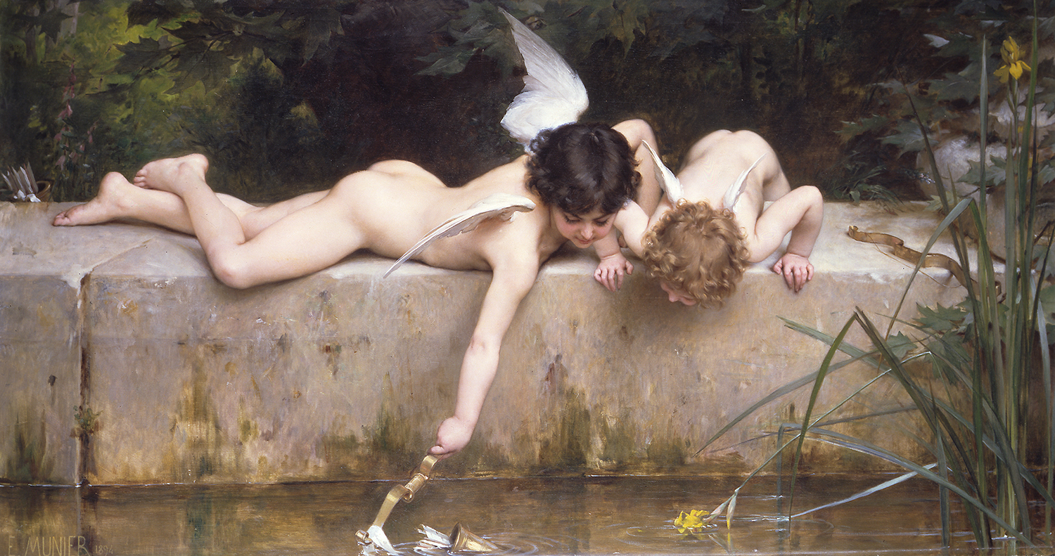 A painting of two cherubs, one having lost his quiver of arrows in a pond and the other trying to lift it from the water using his bow.